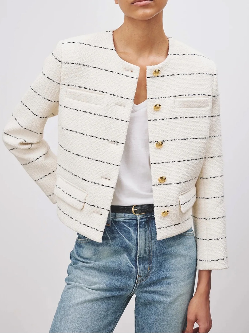 Nili Lotan Cream Tweed Cropped Jacket with Black Trim
